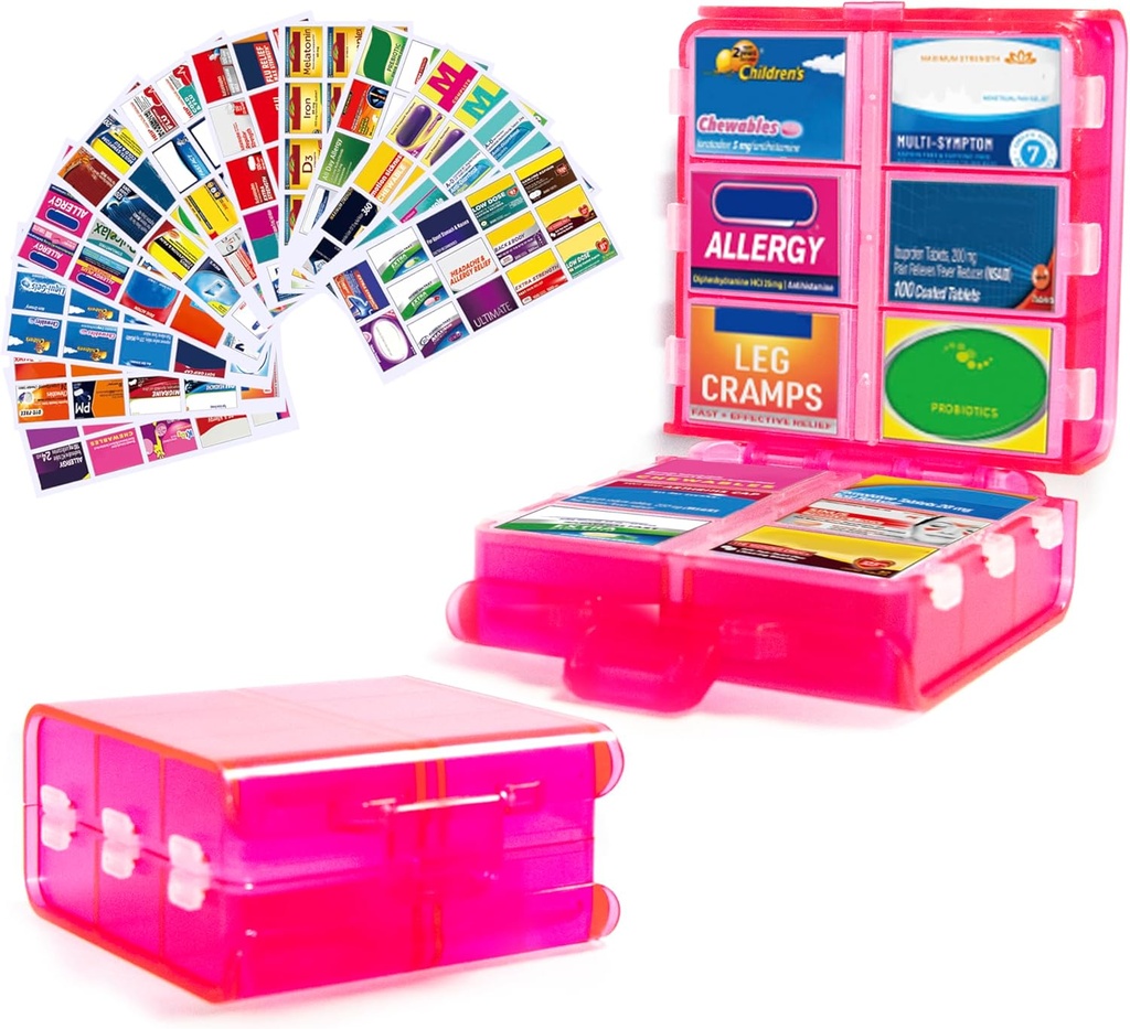 Büyük Pill Organizer Tıp Etiketler, Pill Akrilik 12Compartment Travel Drug Storage Case, 7-Day Pill Box for Vitamins & Supplements (Pink, 161 Etiketler)