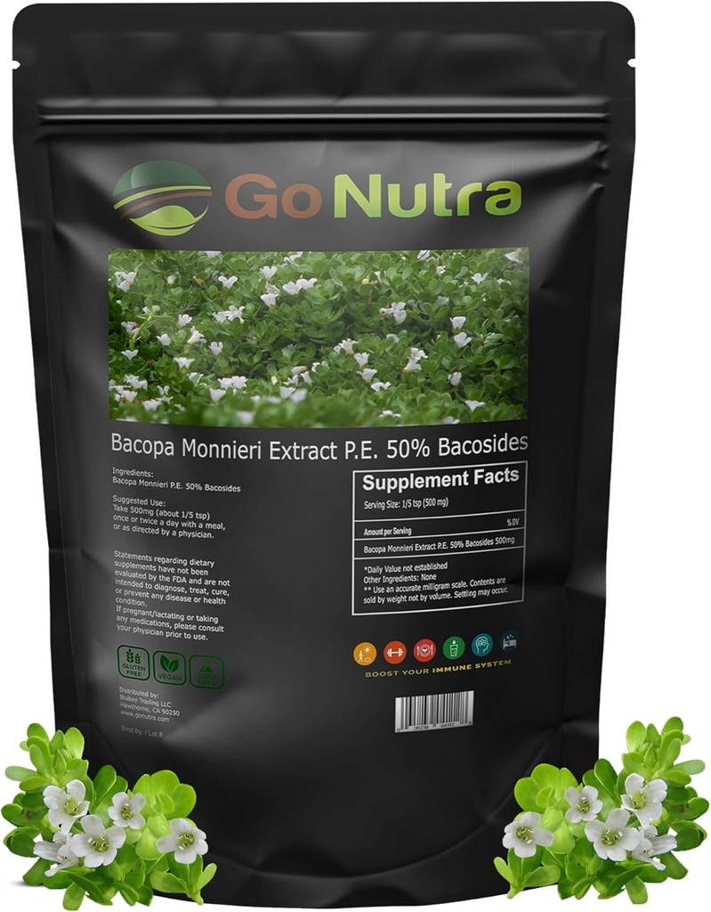 Go Nutra Bacopa Extract Toz (Bacopa Monnieri) 50% Bacosides - Herbal Extract Brahmi Supplement (4 oz.)
