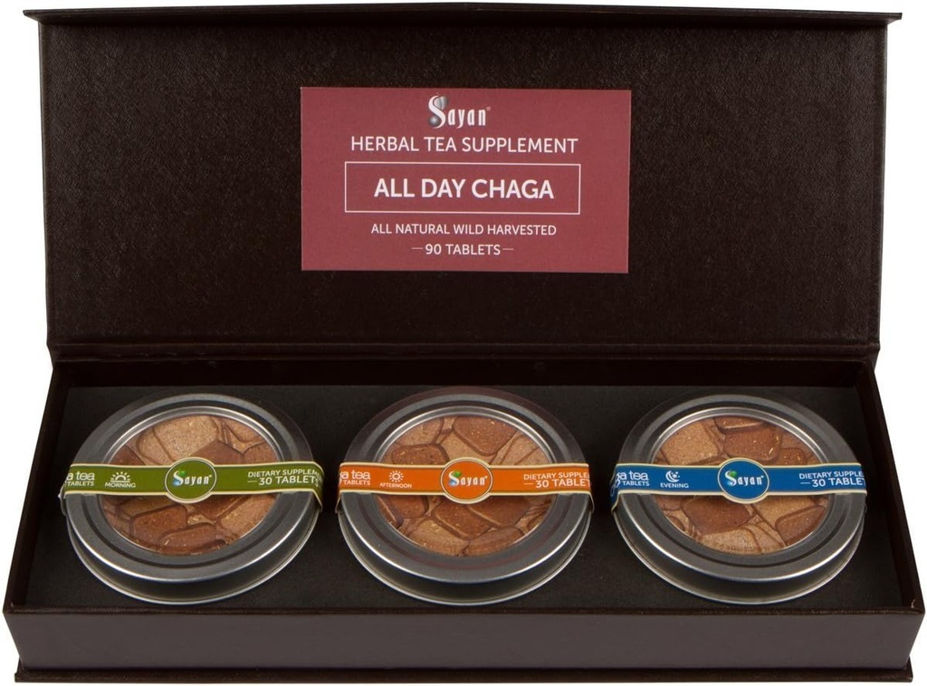 Sayan Siberian All Day Set Instant Chaga Mushroom Τσάι, Πακέτο 3 Daily Tablets (90 Pcs) - Wild-Harvested, Premium Blend – Φυσικό Αντιοξειδωτικό Τσάι για την υποστήριξη του ανοσοποιητικού, την ενίσχυση της ενέργειας και τη βελτίωση της πέψης