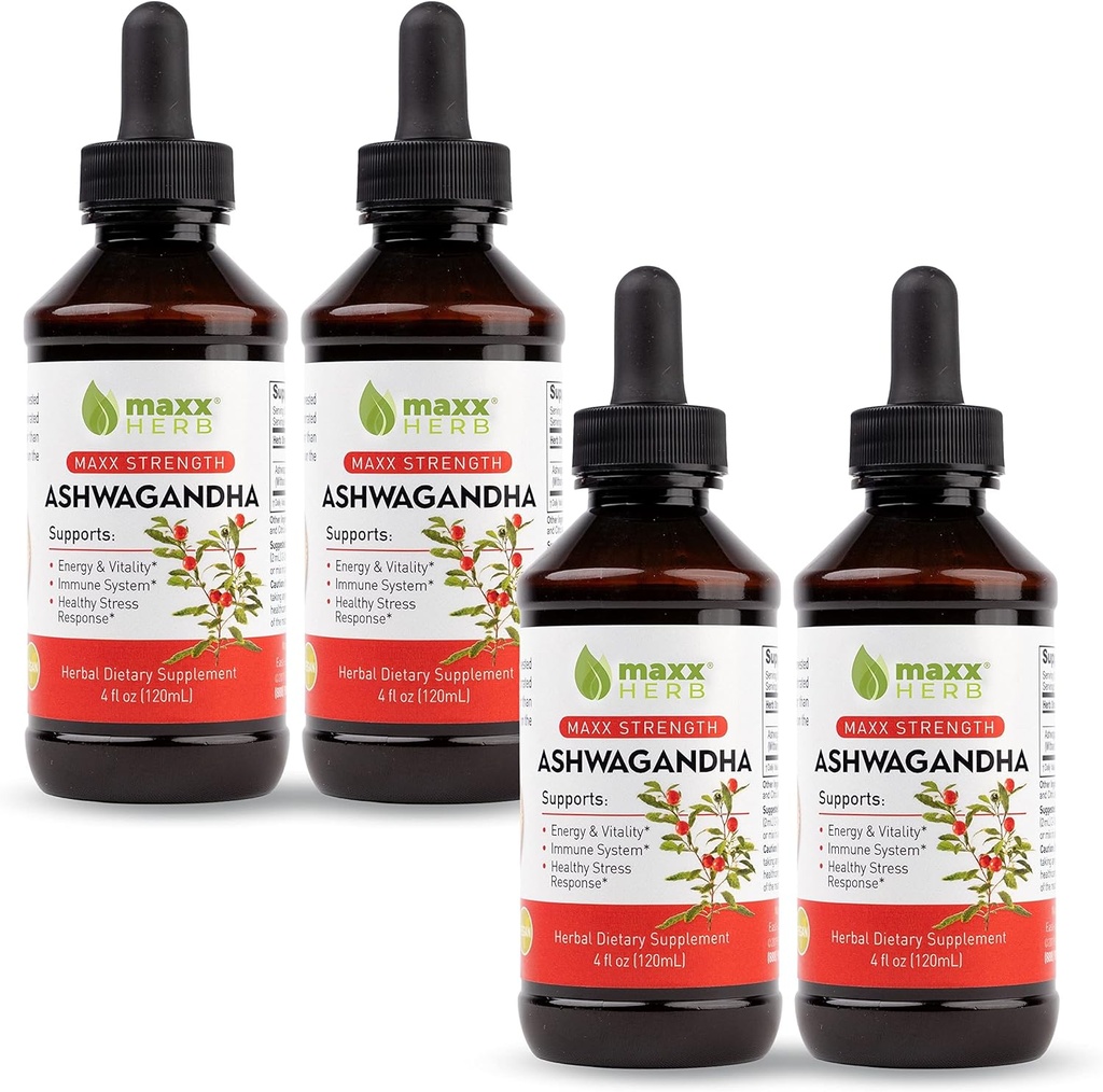 Maxx Herb Ashwagandha Extract - Max Strength Liquid Tincture Absorbs Capsules veya Toz Daha İyi - Stamina, Memory ve Immune Support - 4 Şişe, 4 Oz Her (240 Hizmet)