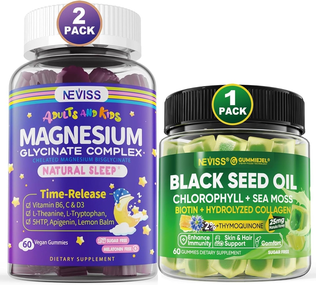 NEVISS Black Seed Oil Gummies, Chlorophyll & Sea Moss Supplement + Magnesium Glycinate Gummies for Adults & Kids 4+