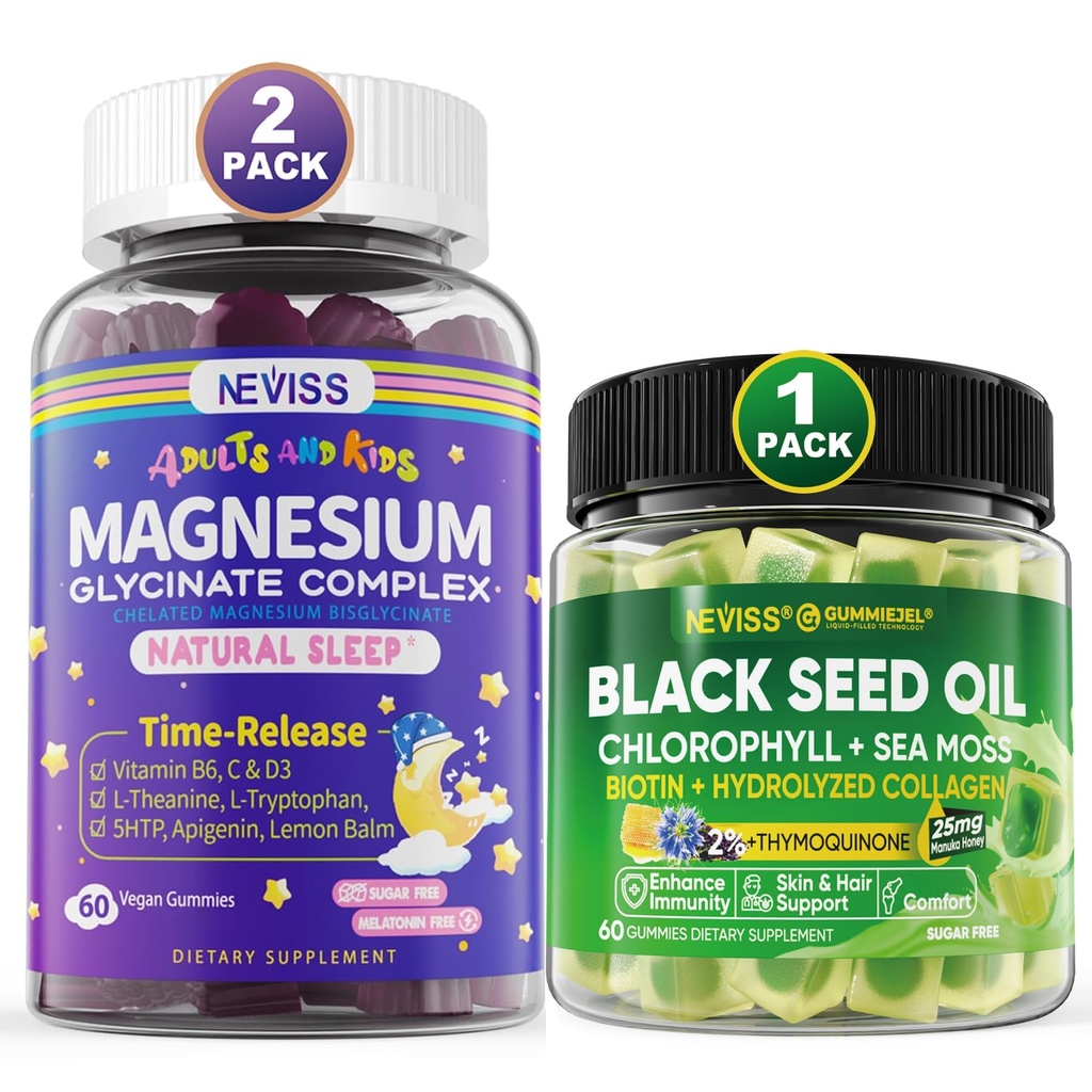 NEVISS Black Seed Oil Gummies, Chlorophyll & Sea Moss Supplement + Magnezyum Glycinate Gummies for Yetişkinler & Çocuklar 4+