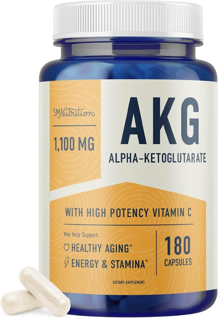 AKG Supplement | 1,100MG Per | 180 Capsules | Alpha Chemglutarate With Food + Vitamin C | Sağlıklı Ağlama, Longevity, Enerji ve Focus | Vegan, Gluten-Free, Non-GMO, Third-Party Tested