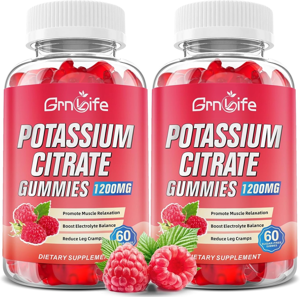 2 Συσκευασία Κάλιο Κιτρικό Gummies Citrate, Υψηλή Gummies συμπλήρωμα κάλιο 1200mg Πόδι στήριξης Cramps & μυϊκή υγεία, Κάλιο Gummies για ενήλικες & παιδιά, Vegan, Raspberry Γεύση 120 κόμης