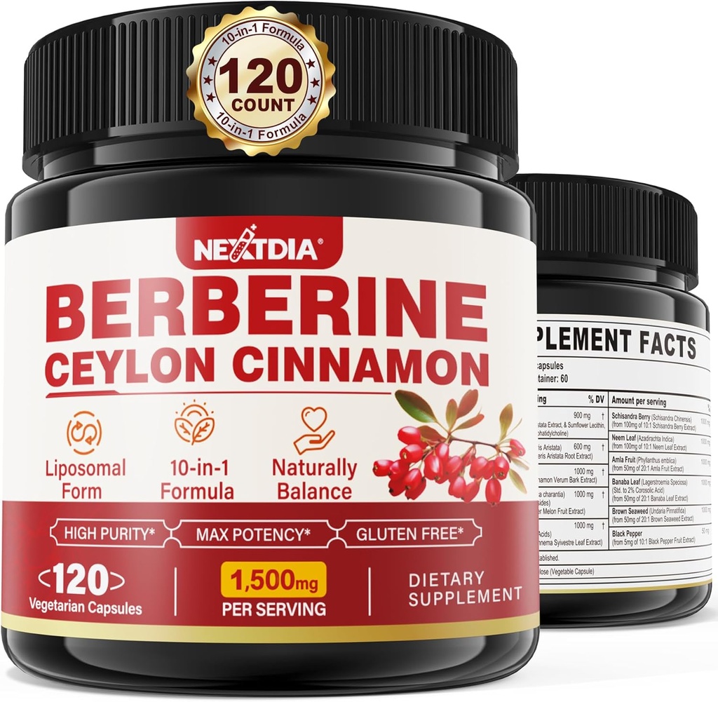 Berberine Supplement Organic 1500 mg with Ceylon Cinnamon Bitter Melon, Liposomal Berberine HCL Complex Supplements, Immune & Digestive Support - Non-GMO, Organic, Veganine Capsules 120Cts