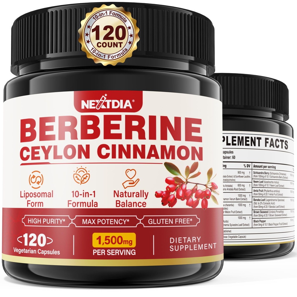 Berberine Supplement Organic 1500 mg with Ceylon Cinnamon Bitter Melon, Liposomal Berberine HCL Complex Supplements, Immune & Digestive Support - Non-GMO, Organic, Veganine Capsules 120Cts