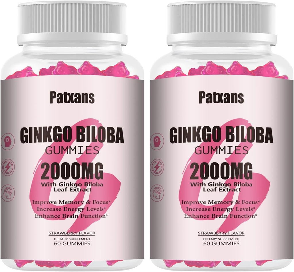 2 Packs 2000mg G Biloba Gummies - Beyin Sağlık Desteği için Ginkgo Biloba Supplements, Mood ve Focus, Energy, Adult, Strawberry Flavor, 120 Count Count Count Count