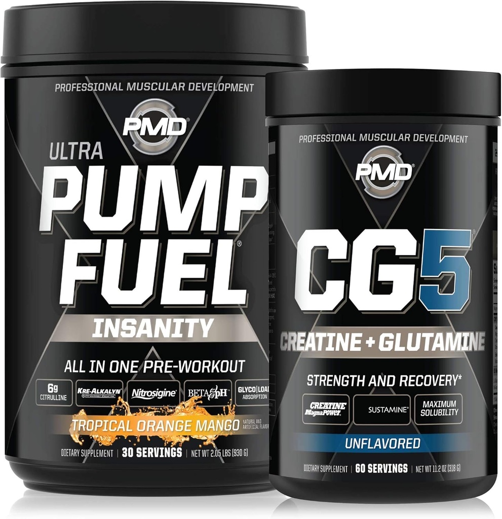 PMD Αθλητισμός Ultra Αντλία Fuel Insanity - Προ προπόνηση - Tropical Orange Mango (30 εξυπηρετούν) Αθλητισμός CG5 Premium Creatine και L-Glutamine σκόνη (60 εξυπηρετούν)