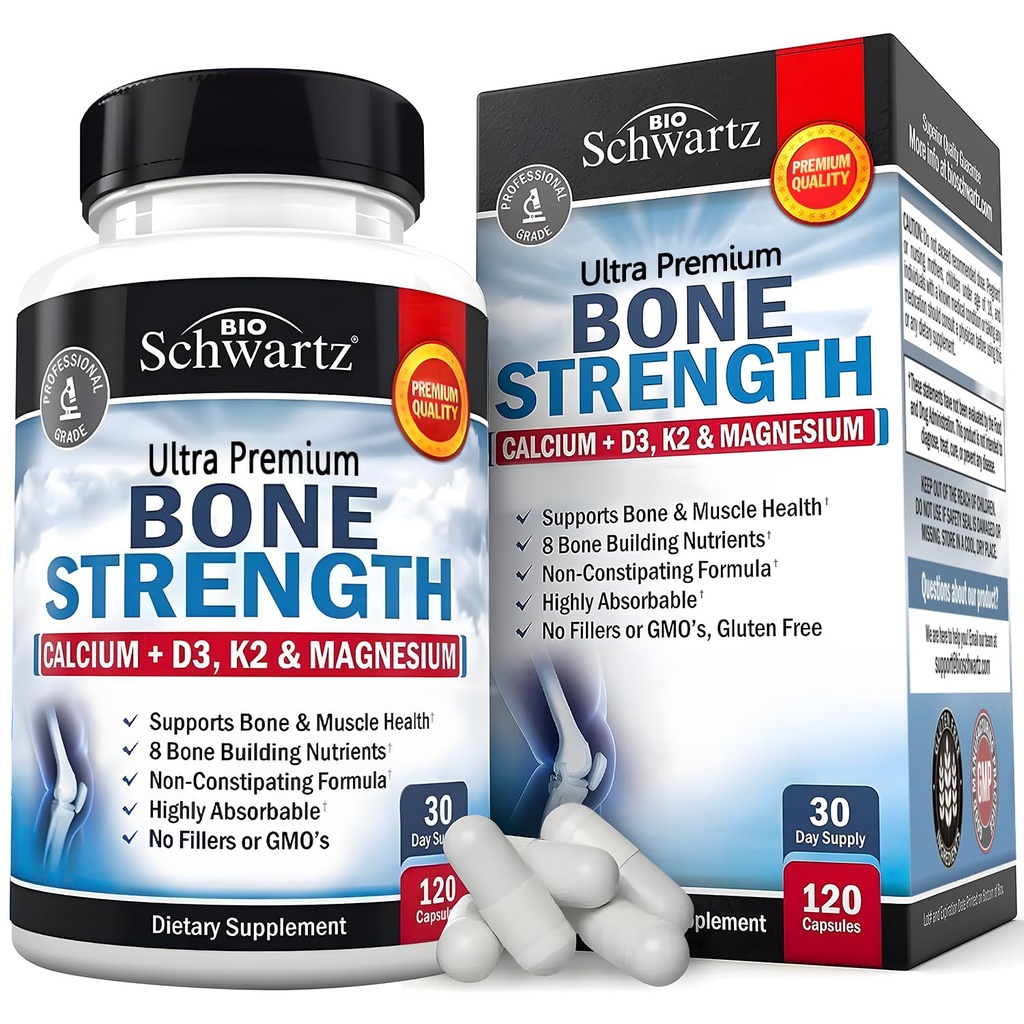BioSchwartz Bone Strength Supplement - Gentle Non-Costipating Bone Health Supplement for Women & Men with 9-in-1 Complex with Calcium Magnesium Zinc D3 K2 & More - 3ο Party Tested - 1 Μήνα