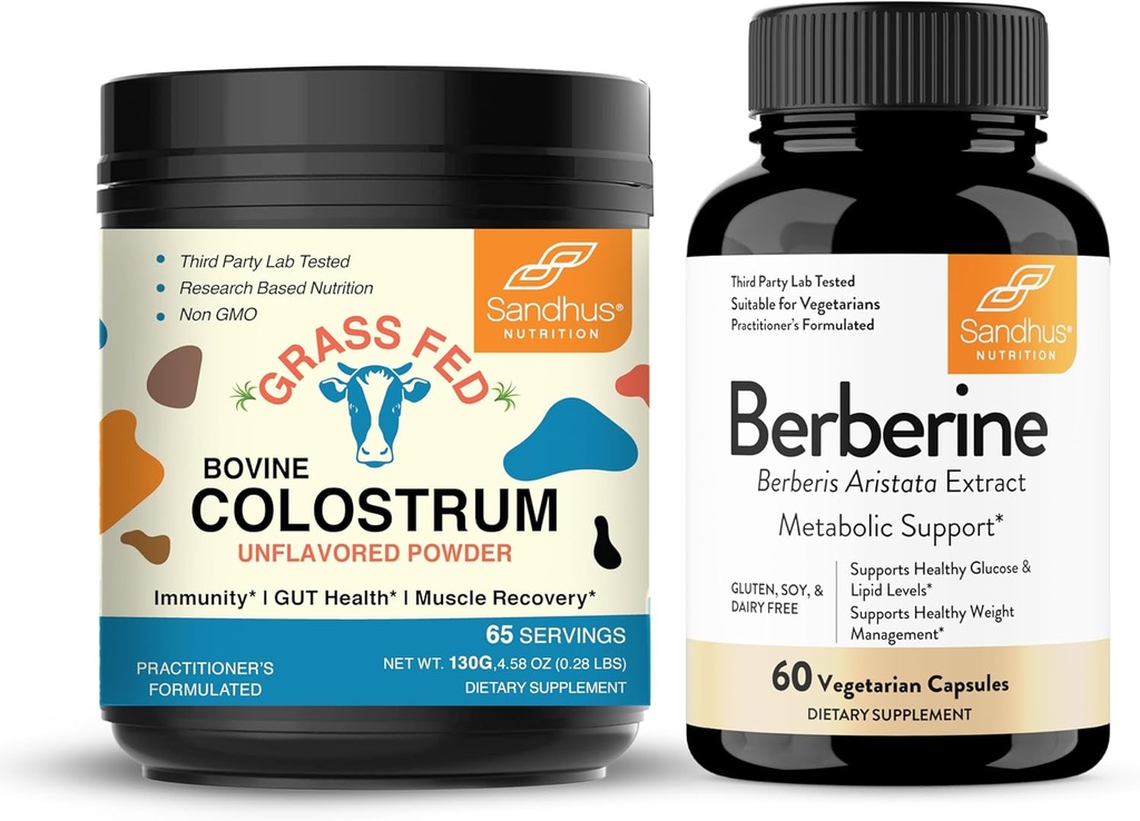 Sandhu's Pure Bovine Colostrum Toz Supplement for Humans & Berberine HCL Supplement 500 mg per Capsule| Supports Immune, Gut, Muscle & Health Levels / Non-GMOMO