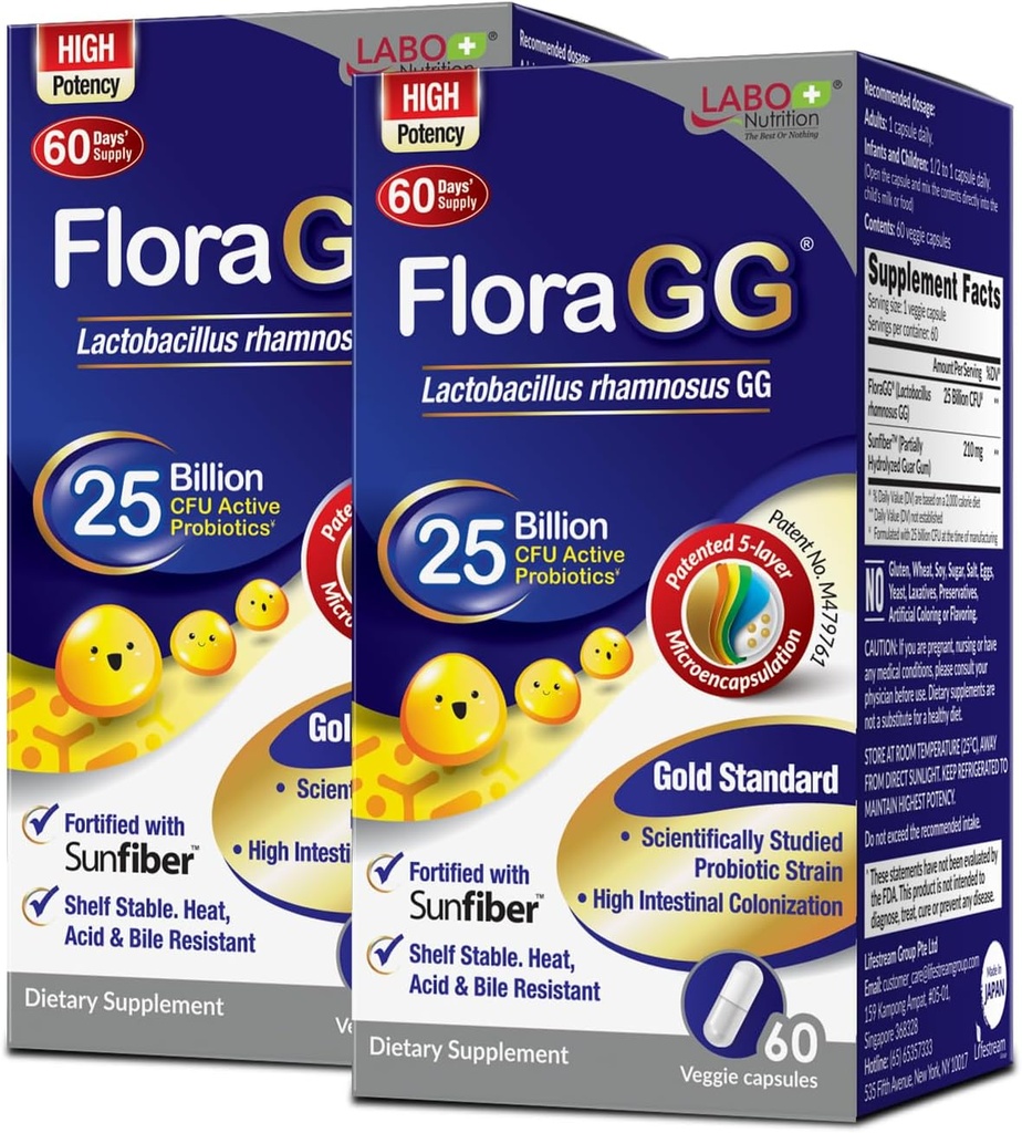 LABO Nutrition FloraGG, Lactobacillus Rhamnosus GG 25 Billion CFU Active Probiotics & Sunfiber Prebiotic Fiber Supplement, Support Healthy Intestinal, Immune Health Delayed Release & Gluten Free 60sx2