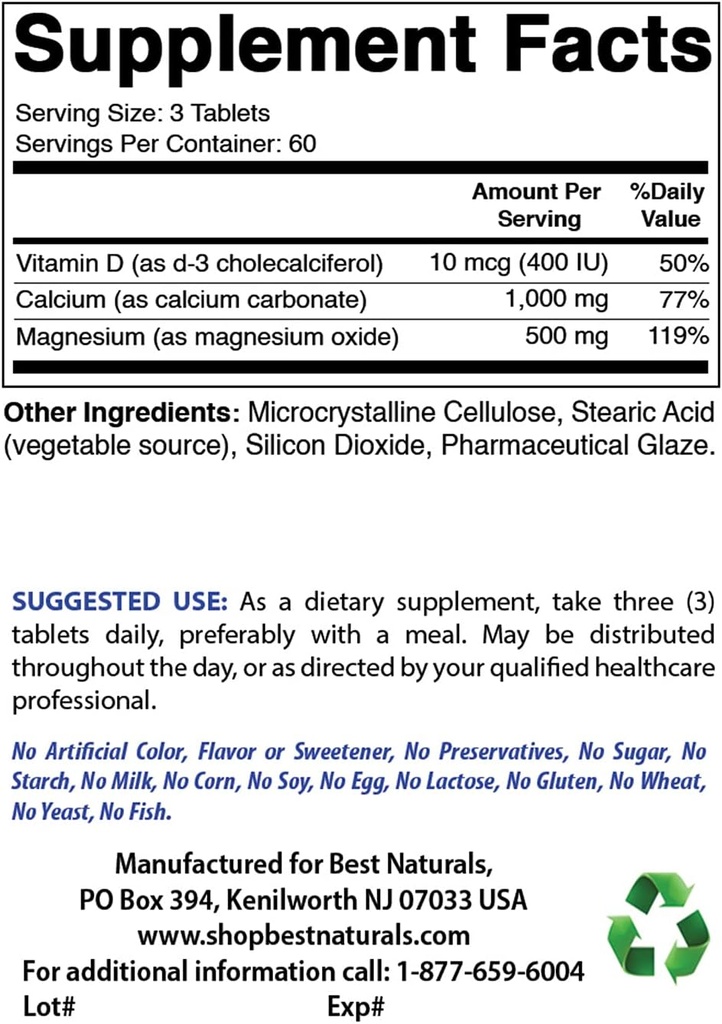 Best Naturals Μαγνήσιο ασβεστίου με βιταμίνη D3 1500mg & Γλυκοσαμίνη Χονδροϊτίνη και MSM