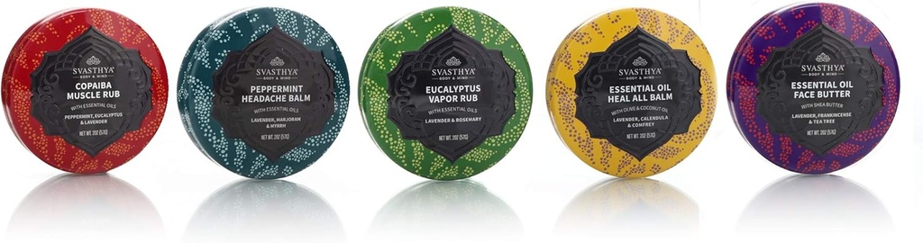 SVASTHYA BODY & MIND Essential Oil Balms Multi Pack Hediye seti - Kas Rub, Headache Balm, Vapor Rub, Heal All Balm ve Face Butter - ABD'de 1 ea -5 Pack Pack