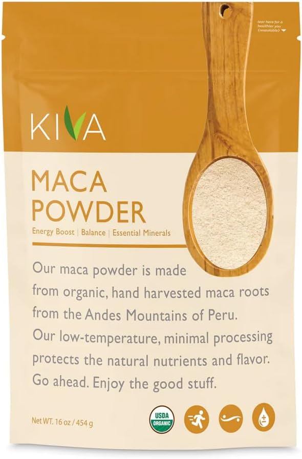 Kiva Organic Maca Powder, Pure Authentic Peruvian Maca Root Powder to Supercharge Your Health, Support for Energy, Superfood, 16 oz