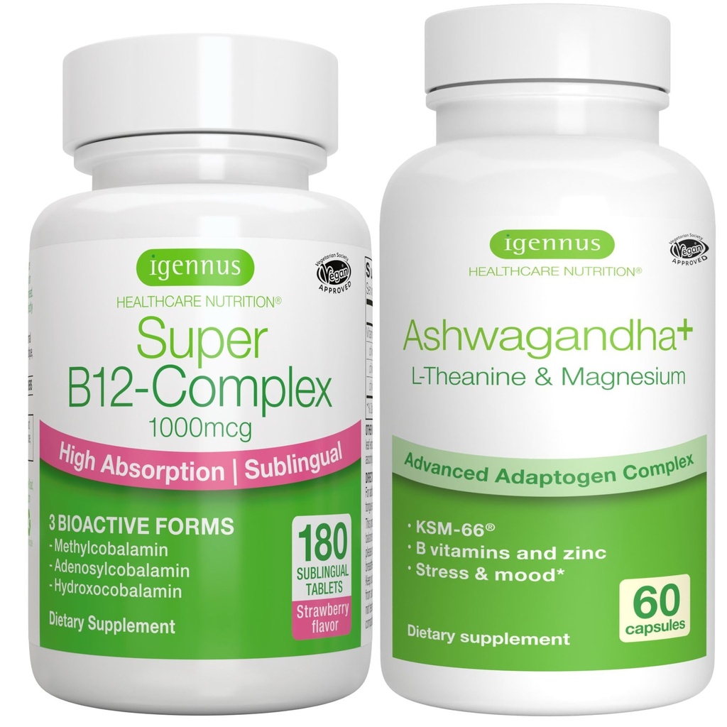 Super B12-Complex 1000mcg + Advanced Ashwagandha KSM-66, L-Θεανίνη & Δέσμη Μαγνησίου, Υψηλή Απορρόφηση Υπογλώσσια Βιταμίνη B12 + Πολυ Δράση Adaptogen Complex, από Igenus