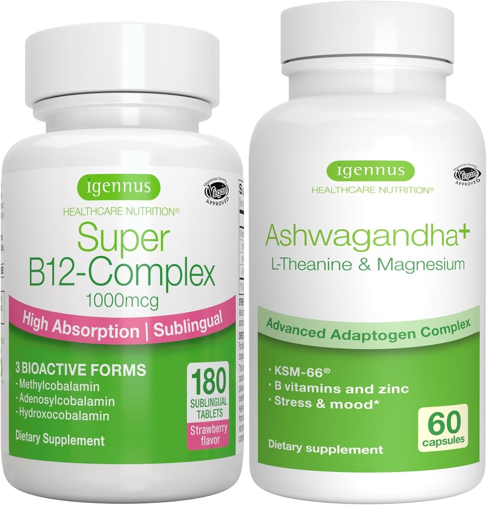 Super B12-Complex 1000mcg + Advanced Ashwagandha KSM-66, L-Θεανίνη & Δέσμη Μαγνησίου, Υψηλή Απορρόφηση Υπογλώσσια Βιταμίνη B12 + Πολυ Δράση Adaptogen Complex, από Igenus