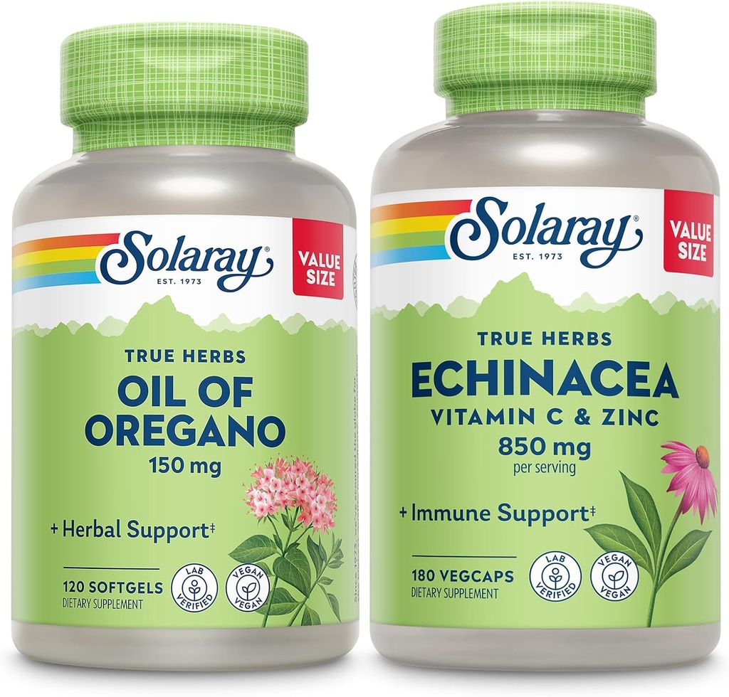 SOLARAY Oil of Oregano Softgels and Echinacea, VIT C & Zinc Immune Support Supplement - Oregano Oil and Echinacea Capsules w/Vitamin C 500mg Plus Bioflavonoids, Vegan, 60-Day Guarantee, 120ct/180ct
