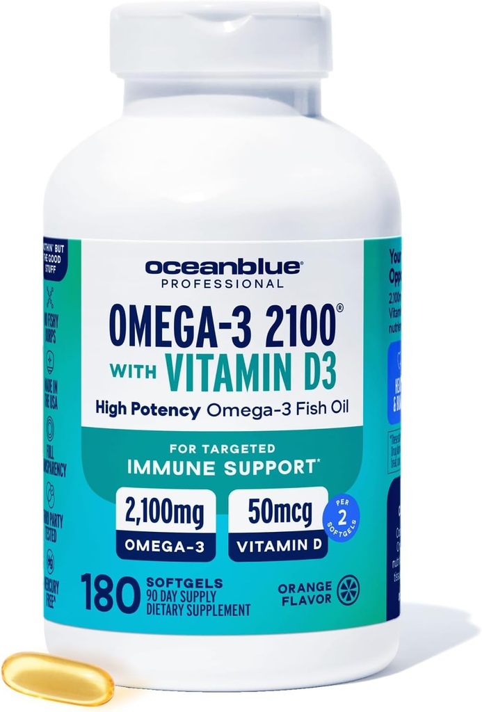 Oceanblue Profesyonel Balık Yağı D3 | Triple Strength 2100 mg Omega 3 DPA EPA DHA | Vahşi Caught | Burpless Orange Flavor, 90 Hizmet (180 Kont)