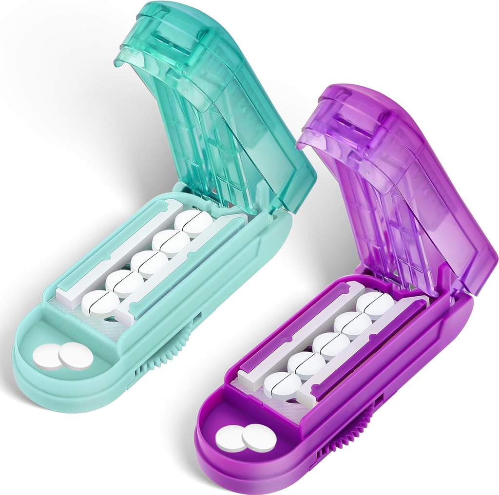 DUBSTAR 2, Küçük ve Küçük Piller için Pill Cutter, Küçük veya Büyük Pills için Multi Pill XSs, Atıcı Pill Splitter with Centering Device and Blade Guard (Purple+Cyan)