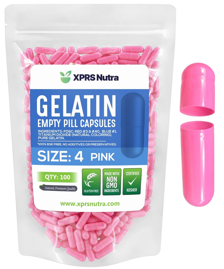 XPRS Nutra Boyutu 4 Boş Kapsüller - 100 Kont Boş Gelatin Capsules - Pills DIY Capsule - Pure Bovine Pill Gel Caps (Pink)