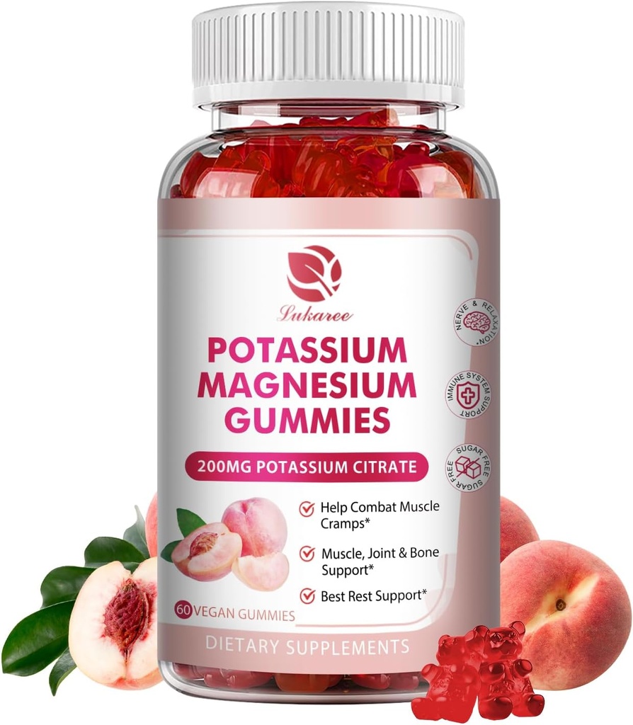 Κάλιο Μαγνήσιο Gummies - Υψηλή Απορρόφηση Μαγνήσιο Γλυκινικό & Κάλιο Κιτρικό 200mg Plus Ωμέγα 3, Β6, D3, K2 & Ασβέστιο - Μασώμενο Gummy για Ανοσία & Ενέργεια - Ροδάκινο Γεύση - 60 Μέτρα