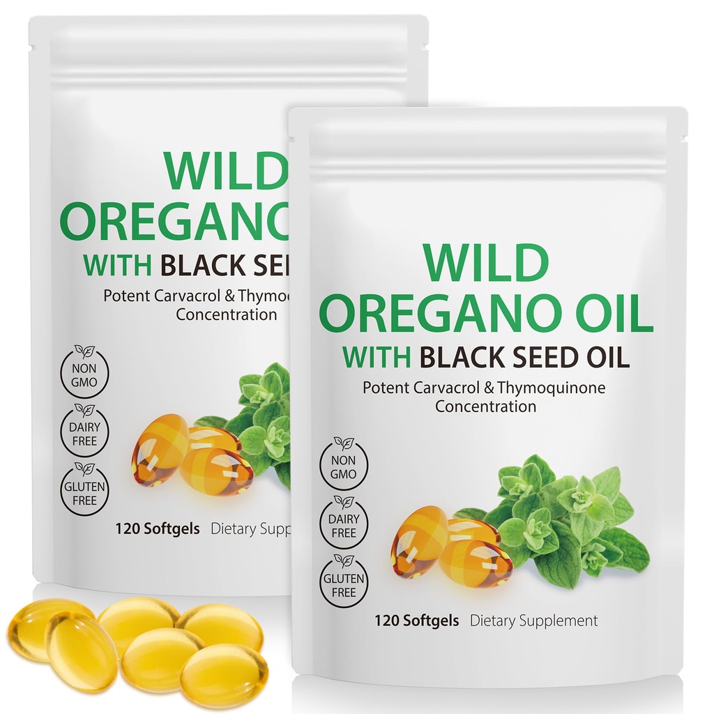 Oregano Softgels 6000 mg'ın petrolü 240 Kont'a hizmet ediyor | 1 Formula 1'de Siyah Tohum Petrol 200 mg, 4X Güçlü Carvacrol & Thymoquinone | Plant Based, Non-GMO & Immune Support