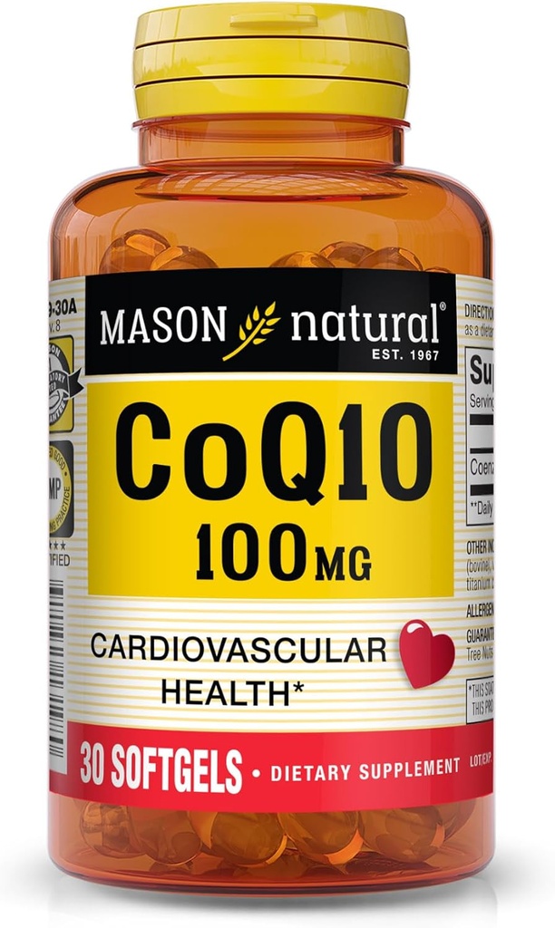 MASON NATURAL Co Q10 100 mg - Sağlıklı Kalp ve Hücre Enerji Üretimi, Destekler Cardiovascular Sağlığı, 30 Softgels