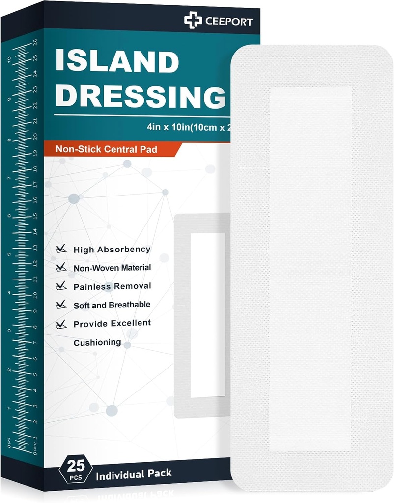 Island Dressing Bordered Gauze 4"x10", 25 Bireysel olarak Grafik,Soft & Highly Absorbent Medical Grade, Gauze Pad'ı Yara Bakımı ve İlk Yardım için Giydi