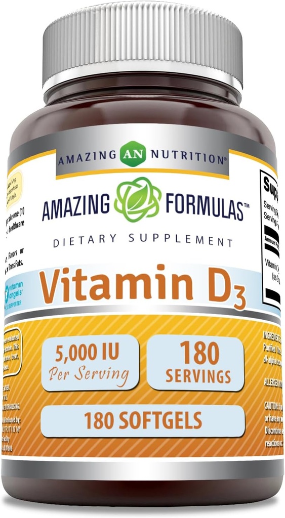 Amazing Formulas Vitamin D3 (Cloncalciferol) Supplement | 5000 I per Service | 180 Softgels | Non-GMO | Gluten-Free | Made in USA