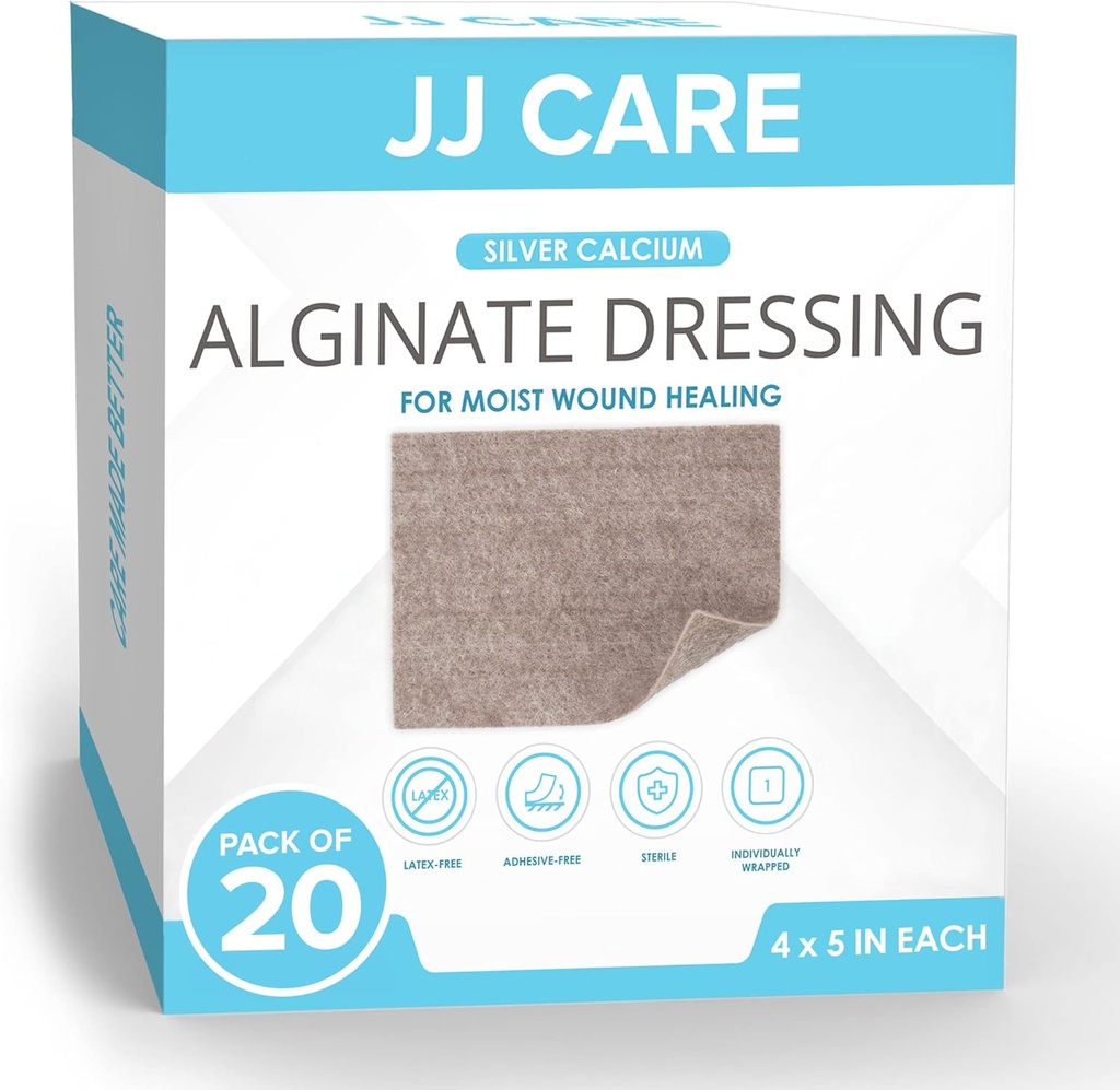 JJ CARE Ασημένιο Αλγινικό Ασβέστιο Dressing (Pack of 20) 4x5, Ασημένιο Alginate Dressing Ατομικής Συσκευασίας, Υψηλής Απορρόφησης Μη Συγγενής Συγκροτήματα για τη φροντίδα των πληγών