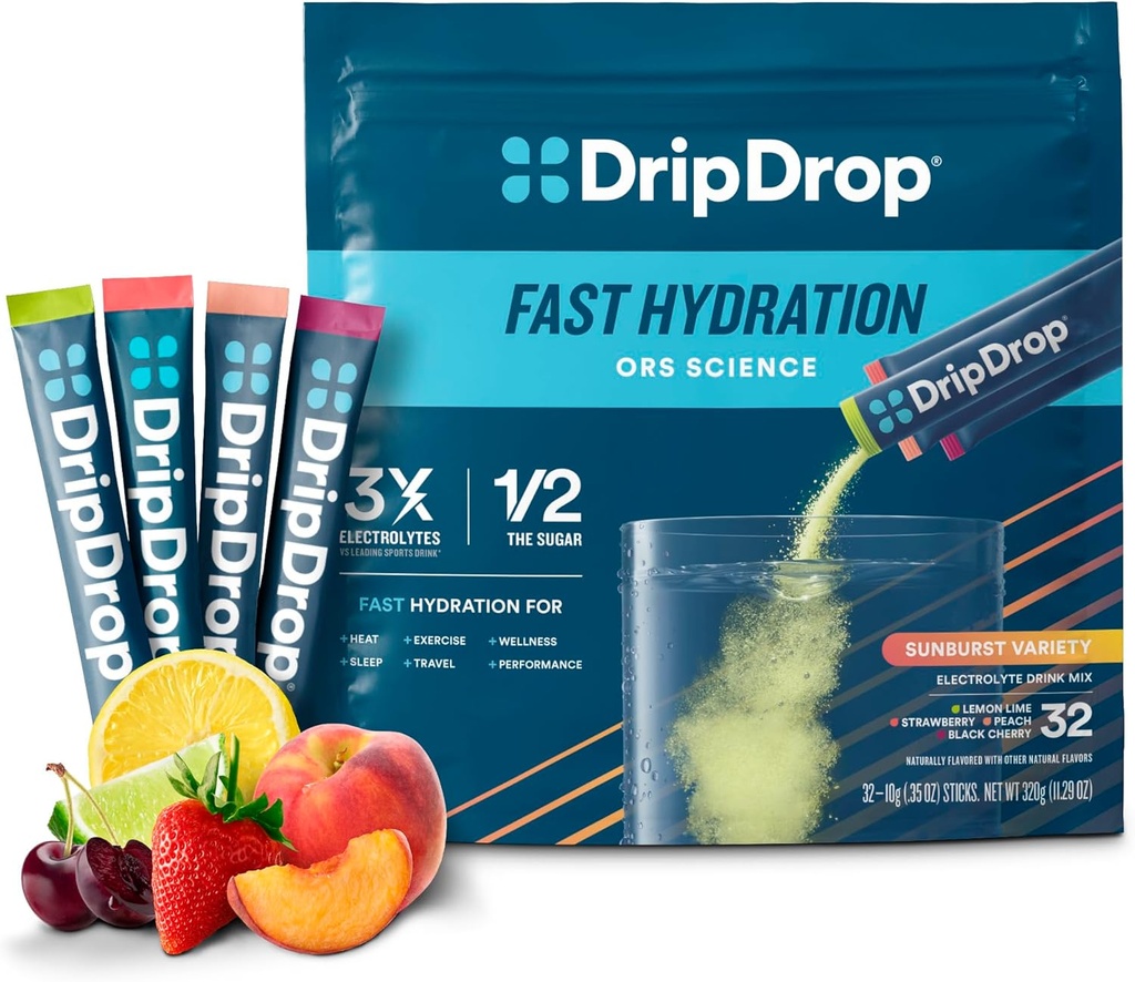 DripDrop Hydration Packets - Sunburst Çeşitli Paket - Single Serve Electrolytes Toz İç Mix - Limon Lime, Strawberry, Peach, Black Cherry - Non-GMO, Gluten Free, Vegan - 32 Sticks