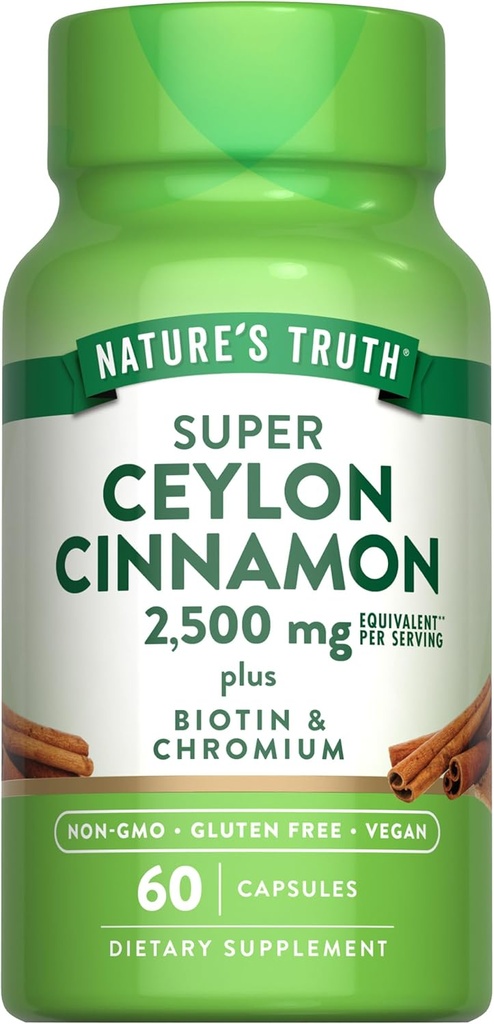 Nature's Truth Ceylon Cinnamon Capsules | 2500 mg | artı Chromium ve Biotin | 60 Kont | Vegan, Non-GMO & Gluten Free Supplement Supplement