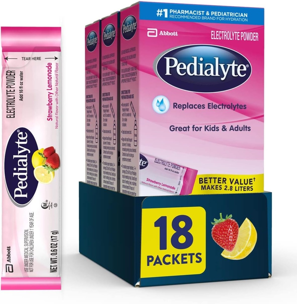 Πακέτα σκόνης Pedialyte, λεμονάδα φράουλα, ενυδατικό ποτό, 18 μεμονωμένα πακέτα σκόνης