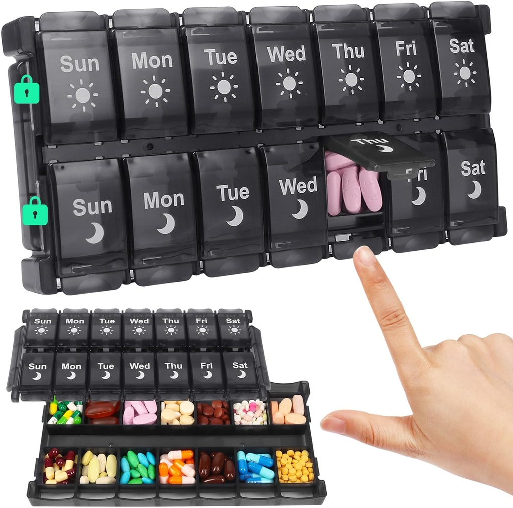 Shintop Weekly Pill Box 2 Times a Day, Easy Fill Medicine Pill Organizer Push Düğme Pill Case Morning Night Vitamin Organizer for Fish Oil Supplements (Black)