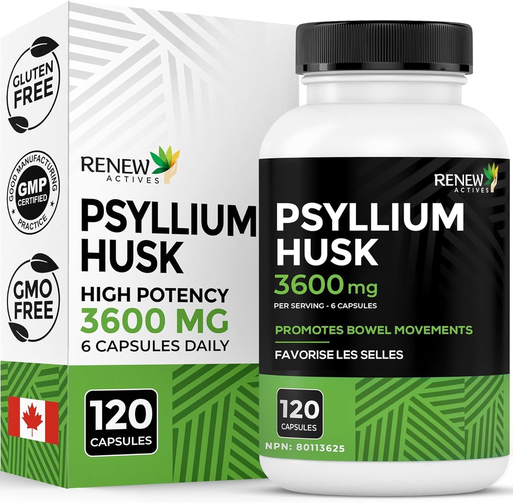 Renew Actives Psyllium Husk 1200MG ανά 2 κάψουλες – Laxative & Soluble Fiber χύδην για Digestive Health, Regularity & Adult Wellness – Καθαρά συστατικά – Κατασκευάζονται στον Καναδά – 120 κάψουλες