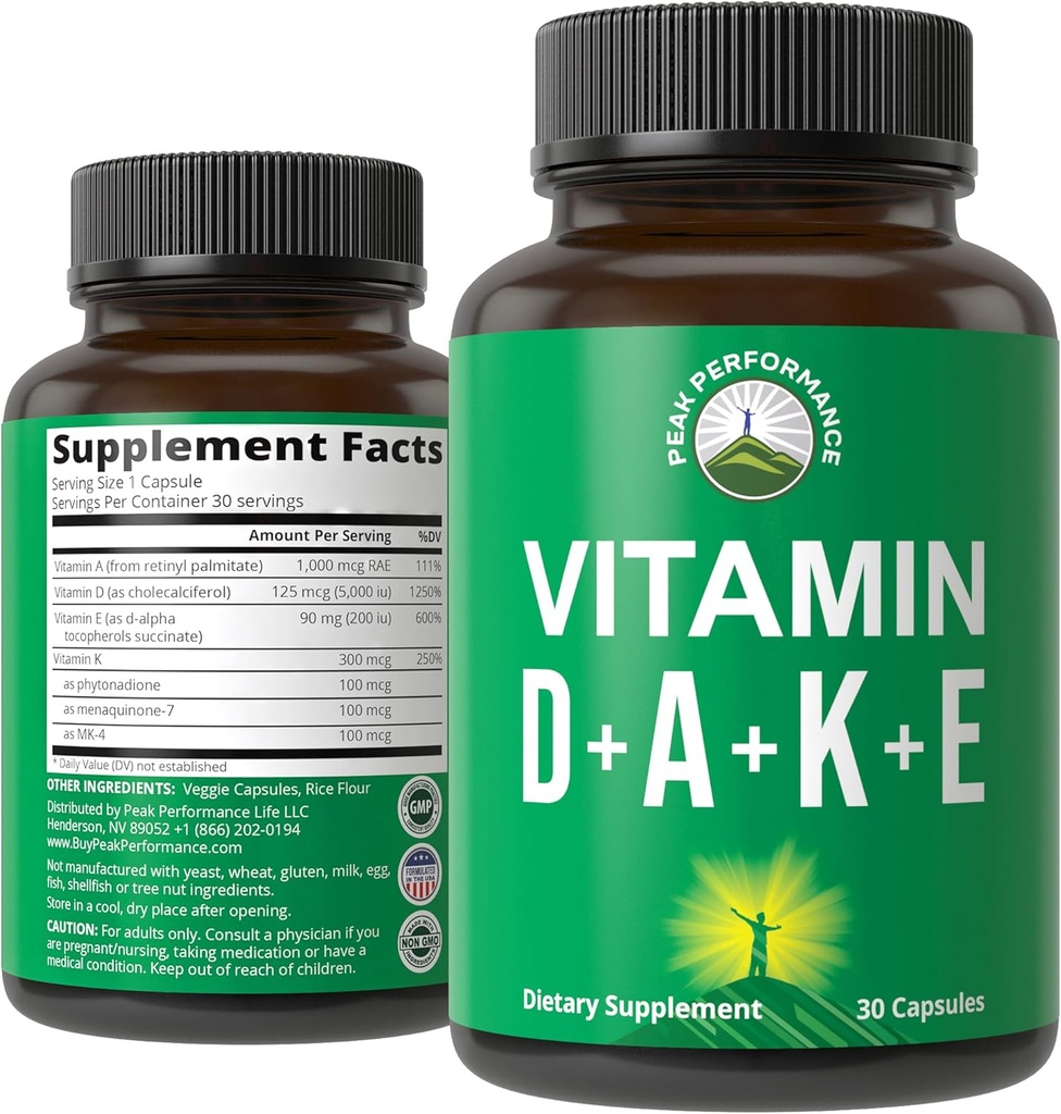 Peak Performance Vitamins D 5.000 iu + A + K + E All in 1 Easy to Swallow Vegan Capsule. ADK Vitamini E D3 K2. Mood için Temel Vitaminler, Immune, Bone, Vision, Heart