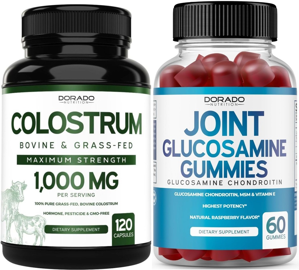 Colostrum (120 Count) Bovine Colostrum Capsles for Adults and Glucosamine Chondroitin (60 Gummies) Joint Supplements for Men & Women with Delicious Raspberry Flavor - Vegan Safe & Made in USA