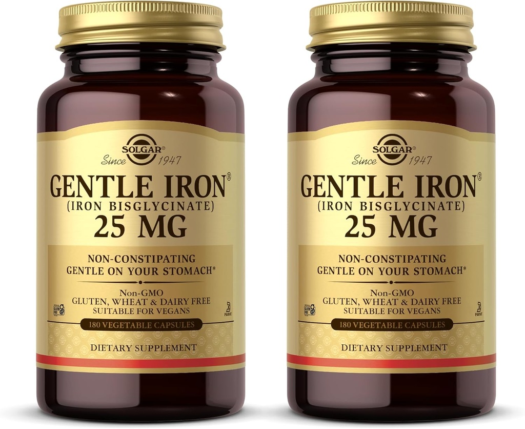 Solgar Gentle Iron (Iron Bisglycinate) 25 mg - 180 Sebze Capsules, Pack of 2 - Non-Constipating, Gentle on Your Stomach - Non-GMO, Gluten Free - 360 Total Services