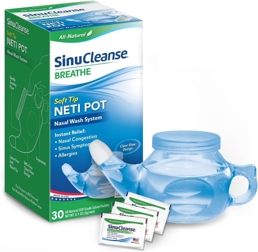 SinuCleanse Soft Tip Neti Pot Nasal Yıkama Sistemi, Relieves Nasal Congestion Soğuk & Flu, Kuru Air, Allergies, 30 All-Doine Packets, Made in USA