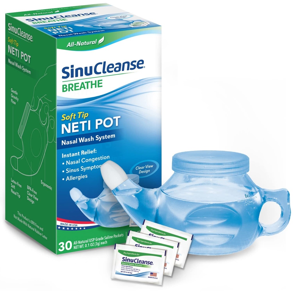 SinuCleanse Soft Tip Neti Pot Nasal Yıkama Sistemi, Relieves Nasal Congestion Soğuk & Flu, Kuru Air, Allergies, 30 All-Doine Packets, Made in USA