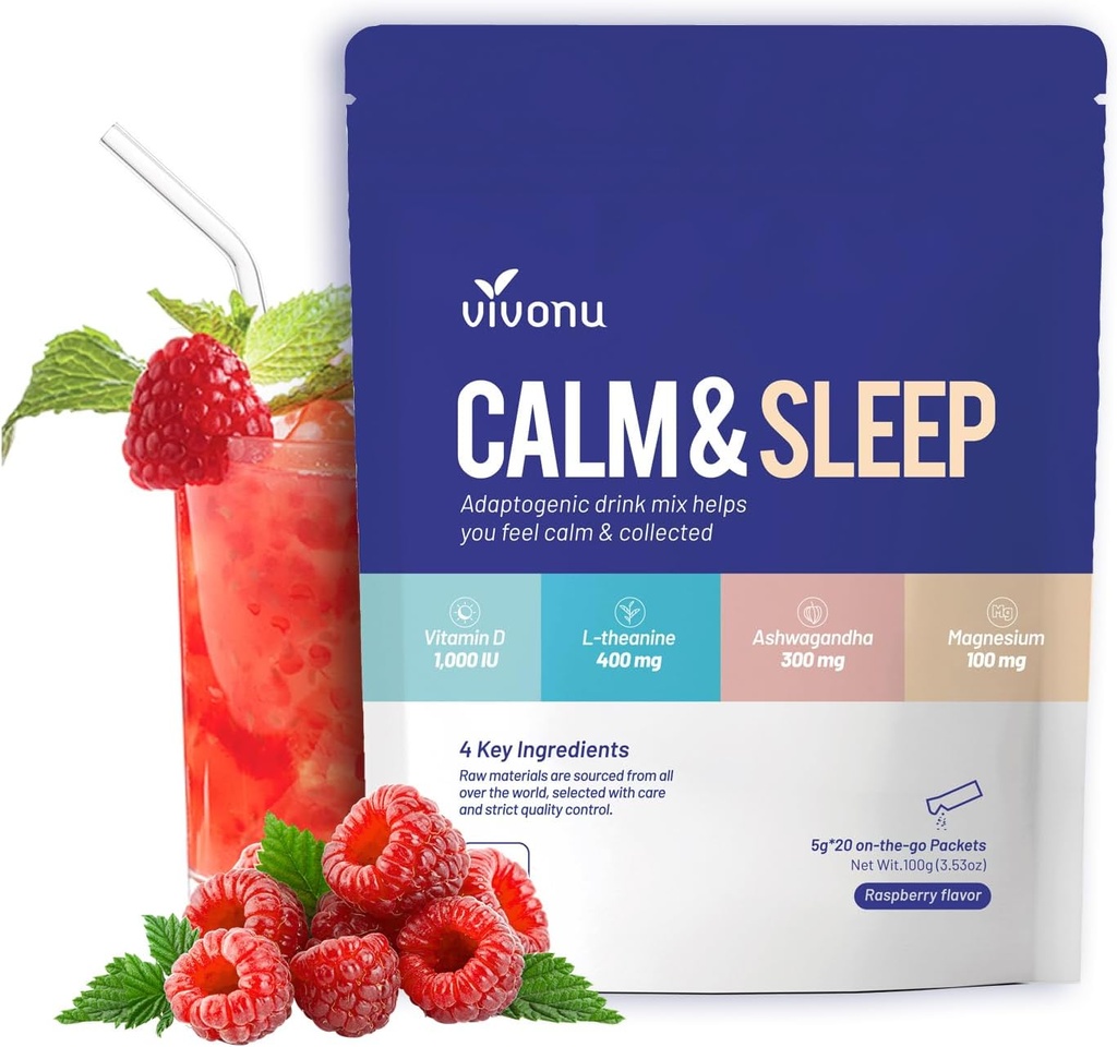 VivoNu Calm & Sleep σε σκόνη ποτό μείγμα σμέουρων L Theanine Ksm-66 Ashwagandha Μαγνήσιο Γλυκινικό Βιταμίνη D 3 συμπληρώματα για χαλάρωση και εστίαση (VSC M2)