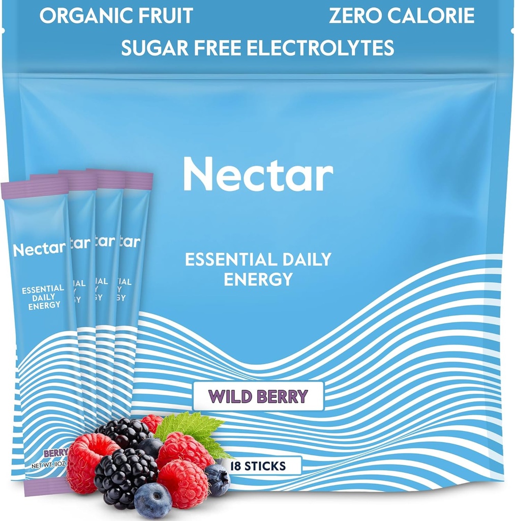 Nectar Energy Booster - Βιολογική καφεΐνη, B12 & Ηλεκτρολύτες - Ζάχαρη Χωρίς & Μηδέν θερμίδες – Υγιεινός Καφές, Ενεργειακό Ποτό & Εναλλακτική Σόδα – Ενυδάτωση & Συμπλήρωμα Ενέργειας (Berry 18 Powder Packets)