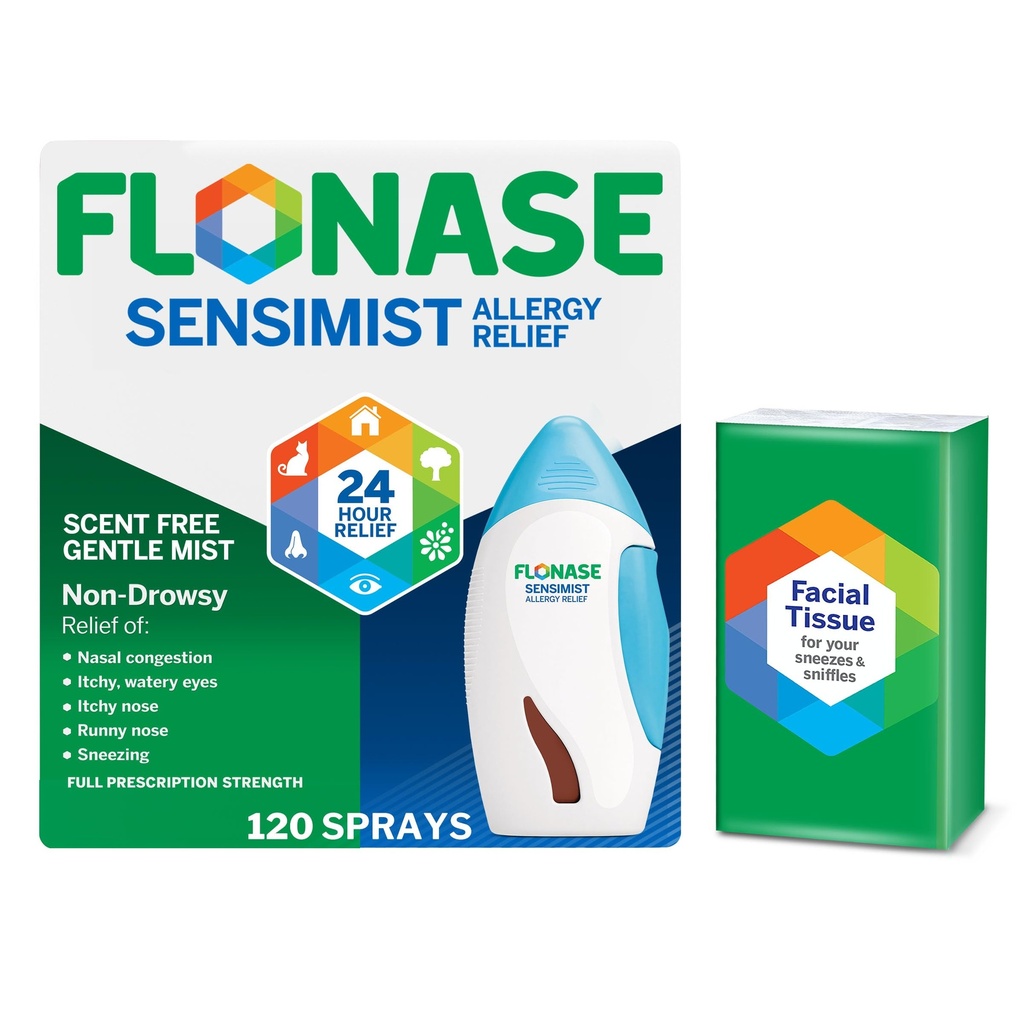 Flonase Sensimist Alerjiler Nasal Mix - Non-Drowsy 24HR Long Lasting Anti Allergy Relief with Fine, Scent-Free Mist - 120 Spreys Plus Bonus Pack of Tissues Plus Bonus Pack of Tissues