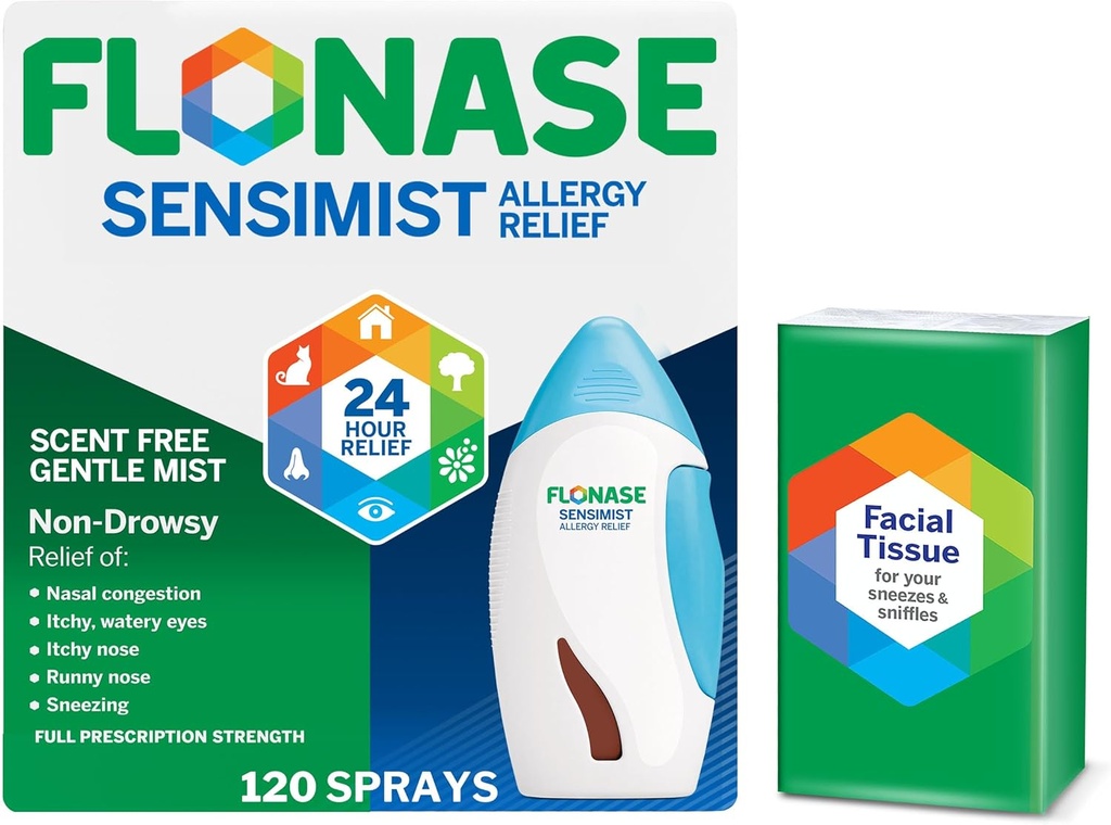 Flonase Sensimist Alerjiler Nasal Mix - Non-Drowsy 24HR Long Lasting Anti Allergy Relief with Fine, Scent-Free Mist - 120 Spreys Plus Bonus Pack of Tissues Plus Bonus Pack of Tissues