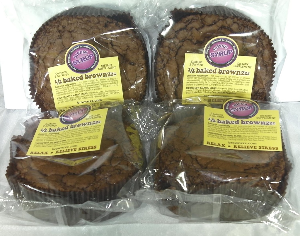 1/2 Baked Brownzzz - Relax and Relieve Stress - Qty. of 4 in Box - Dietary Supplement with Chamomile, Lavender, Valerian, St. John's Wort and More (4)