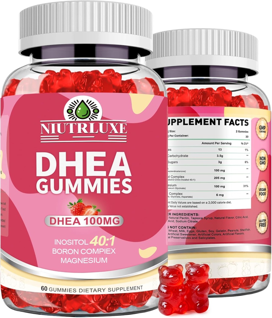 DHEA Gummies, DHEA Συμπληρώματα για τις γυναίκες, DHEA 100mg Μασώμενα με βόριο, Ινοσιτόλη και μαγνήσιο, υπέρ της γήρανσης, υποστήριξη των ωοθηκών, υποστήριξη ύπνου, Vegan, 60 κόμητες