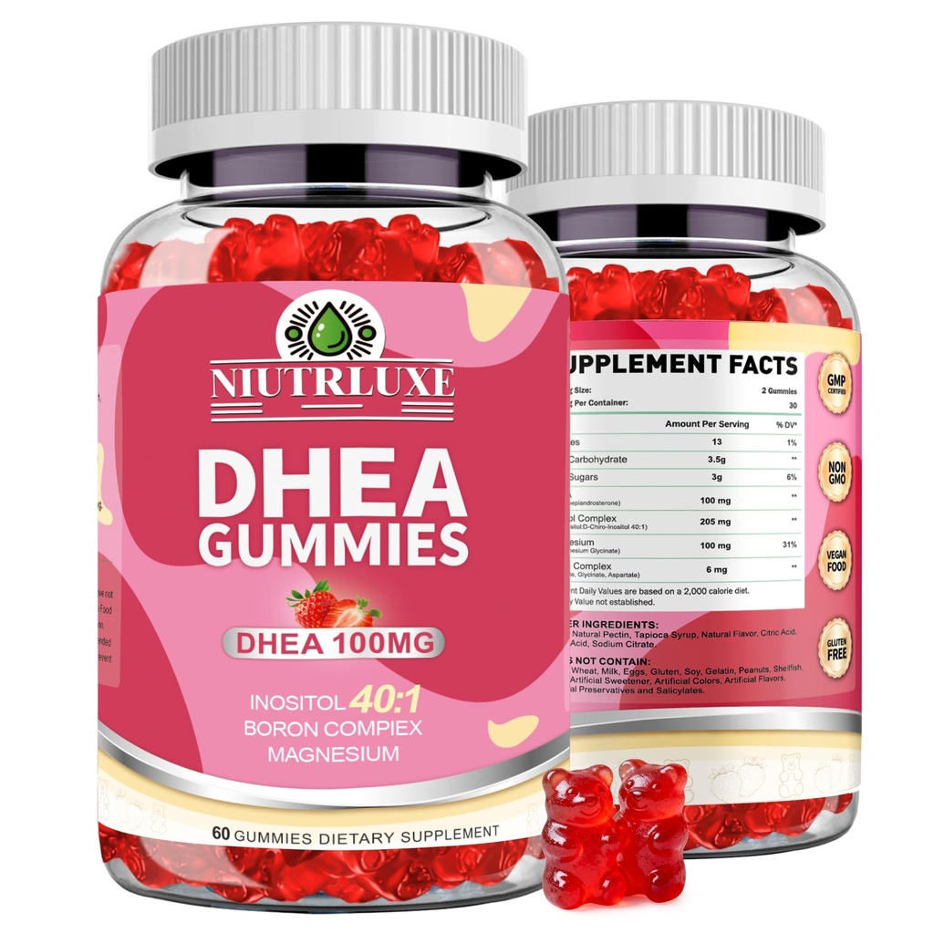 DHEA Gummies, DHEA Supplements for Women, DHEA 100mg 50mg Chewable with Boron, Inositol and Magnesium, Pro-Aging, Ovarian Support, Sleep Support, Vegan, 60 Counts