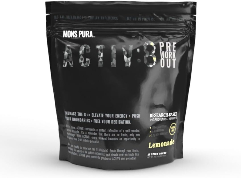Activ8 Pre-Workout Lemonade Pouch: Energize Workouts with Research-Based Materialss - 250 mg Caffeine, Sugar-Free 25 Stick Pack