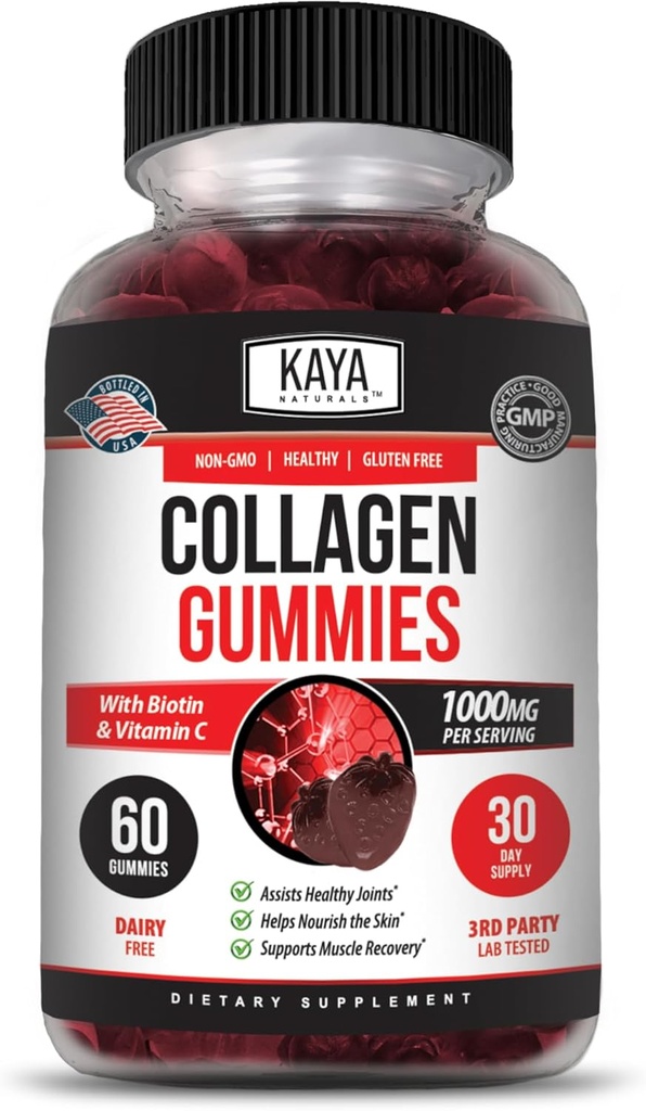 Kaya Naturals Collagen Gummies for Men & Women Supplement | Nature Made Gummies - 1000 mg of Hydrolyzed Collagen, C, Selenium & Biotin, Strawberry Flavor - 60 Count Gummies