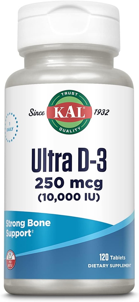 KAL Ultra Vitamin D3 10000 IU 250 mcg, Yüksek Potency Vitamin D Tabletleri, Kalsiyum Aborpsiyon, Bone Health ve Immune Support Supplement, Hızlı Disintegration D-3 ActivTabs, 120 Hizmet, 120 Tablet, 120 Tablet